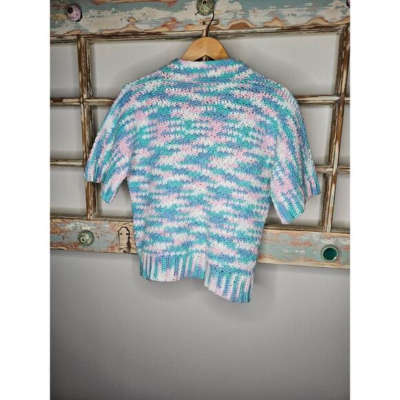 Vintage Crochet Lattice Split Collared Short Sleeve Sweater size Medium - Picture 8 of 8